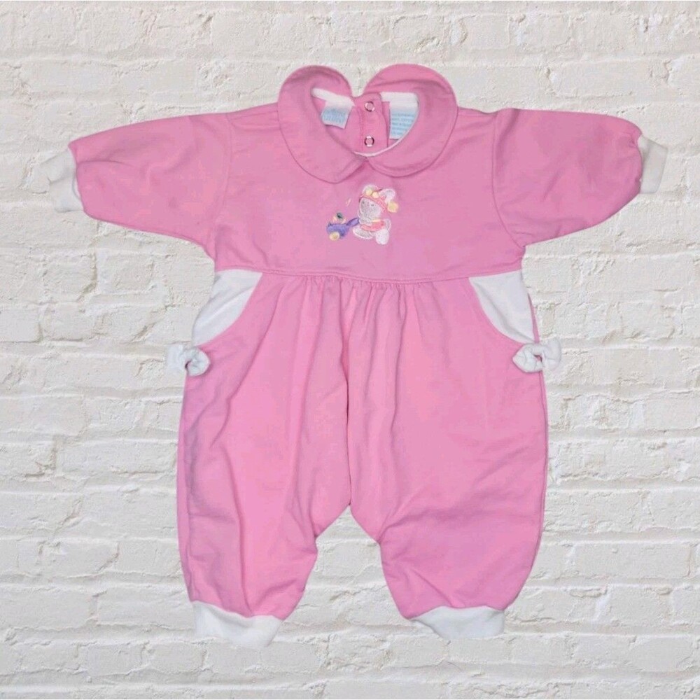 Vtg Bright Future Baby Romper 6/9M Pink Embroidered Rabbit Easter Outfit